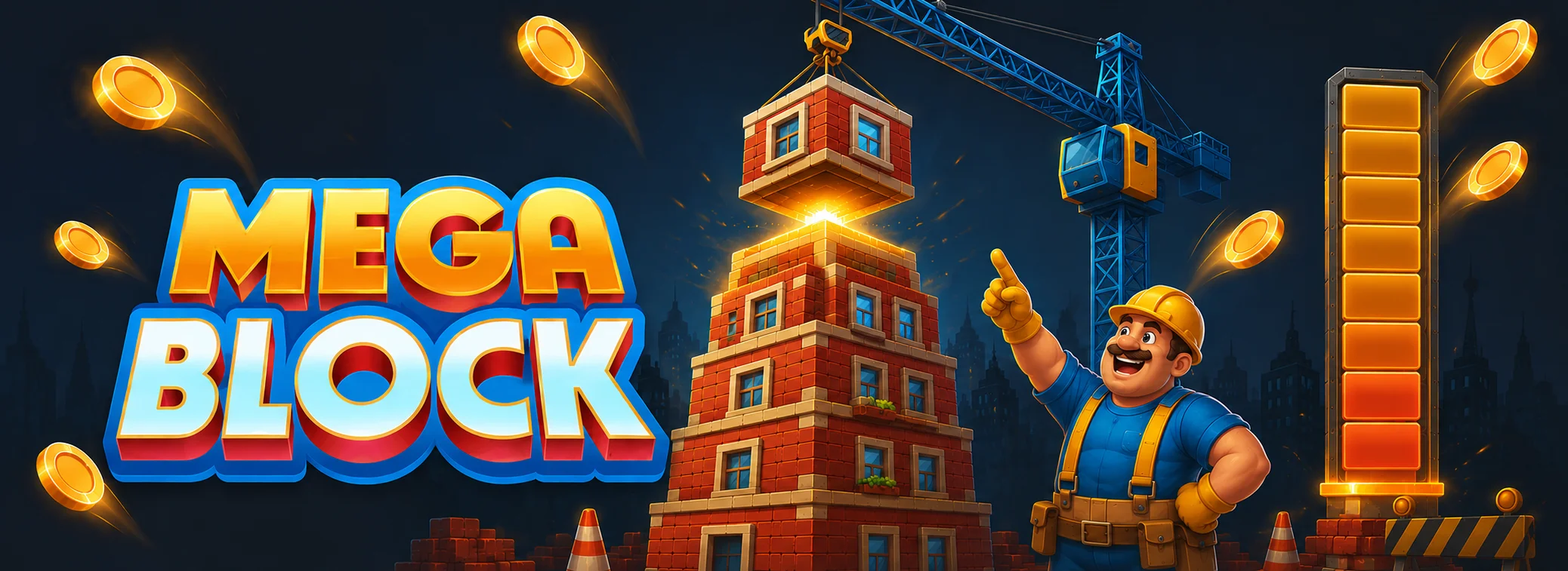 Jeu MegaBlock : une grue empile un étage sur une tour de briques, multiplicateur affiché